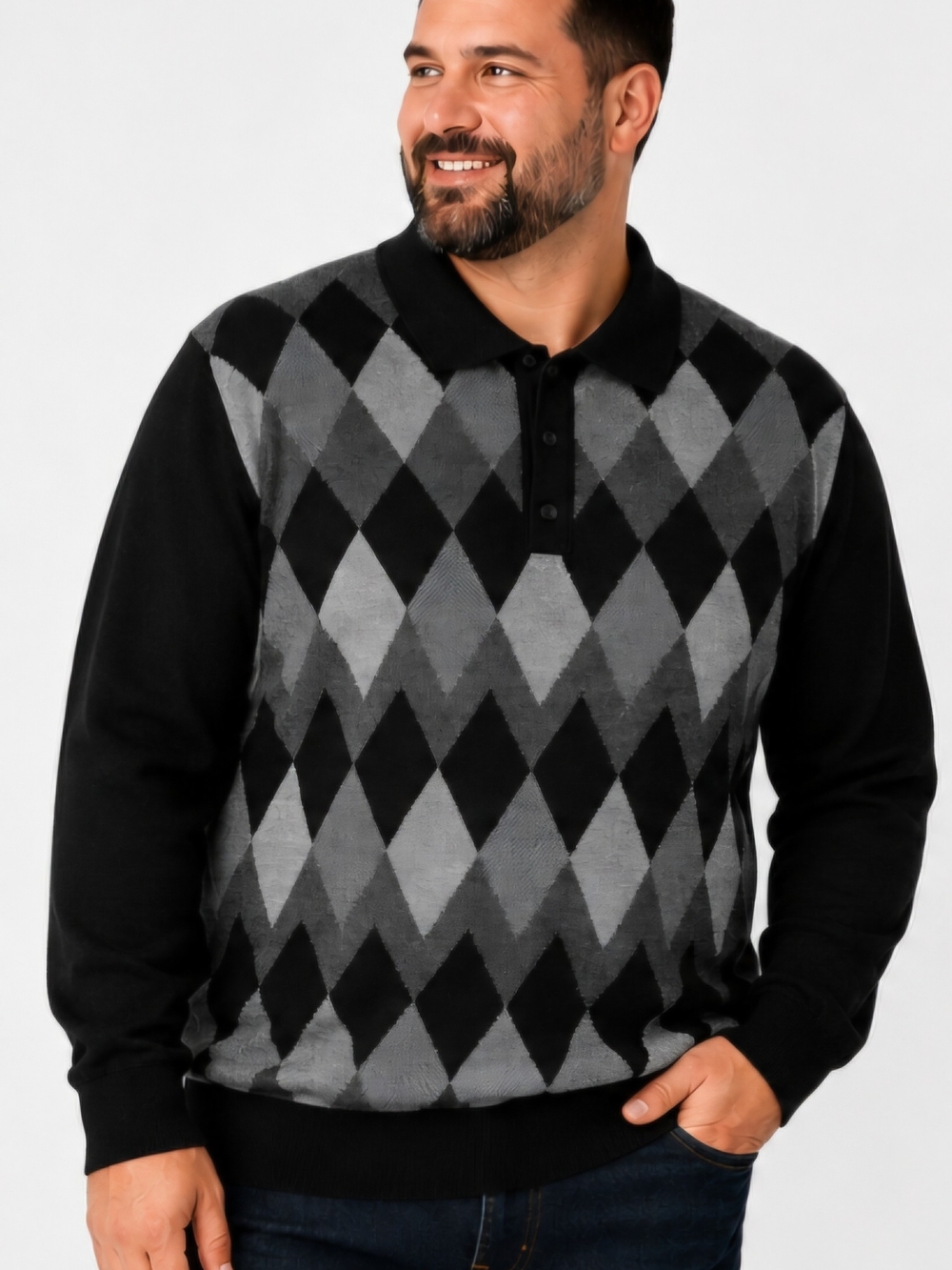 Apt. 9 Men’s XXL Merino Wool Blend Argyle Sweater Polo Black Gray NWT
